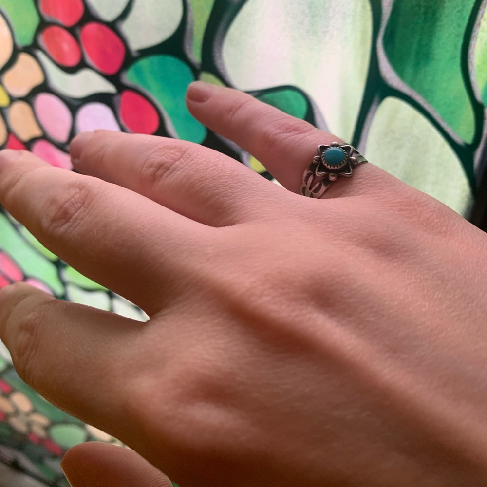 Vintage Turquoise Flower Sterling Silver Pinky Ring